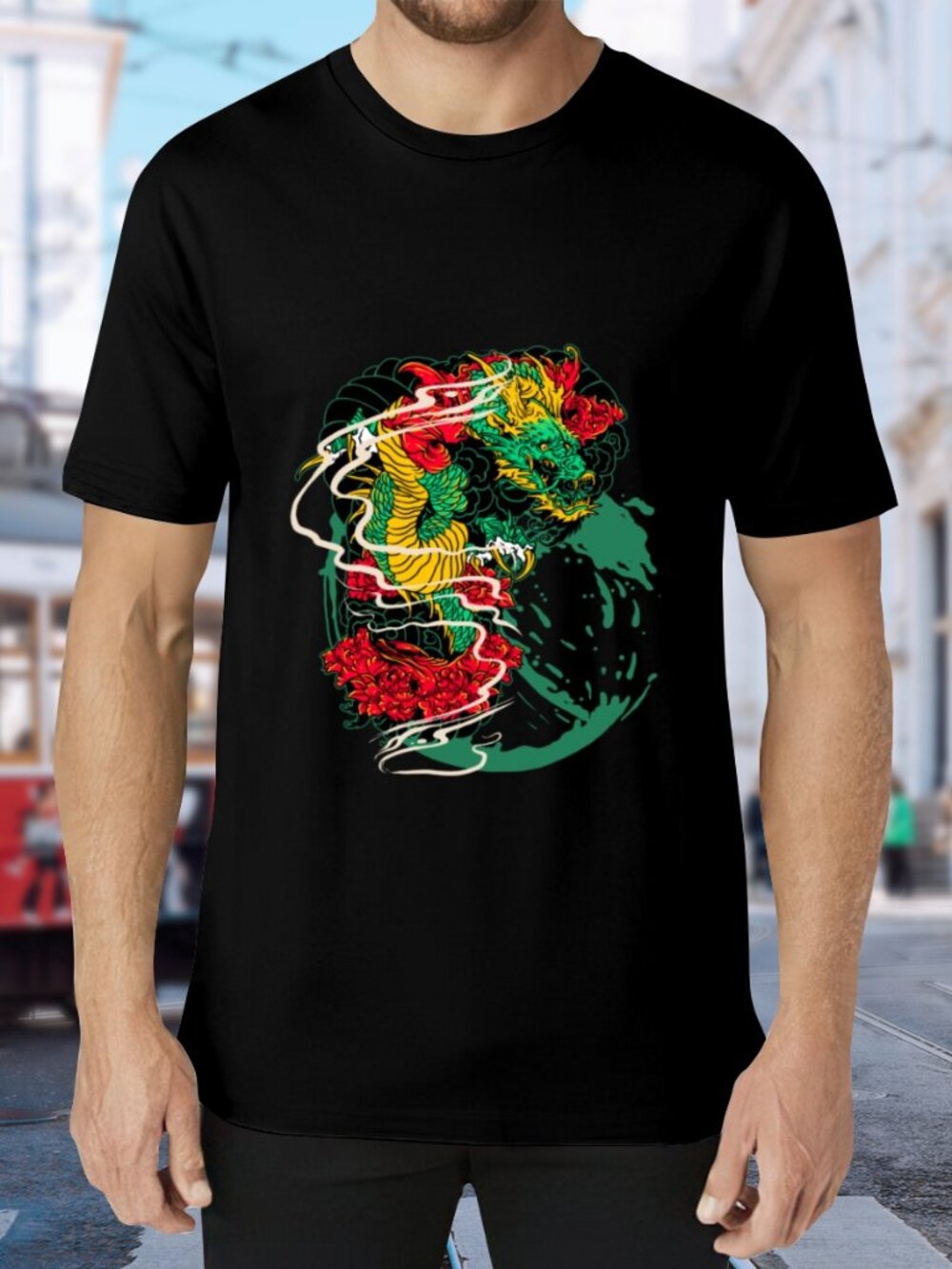 Men's Black Dragon Graphic Tee - Bold Multicolor Print
